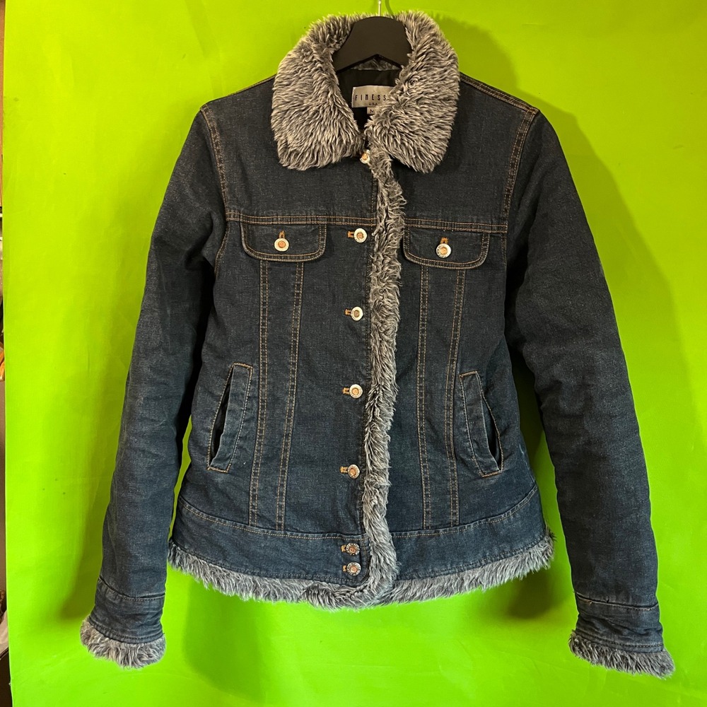 Finesse USA Denim Jacket Dark‎ Wash Faux Fur Trim Grey Y2K Linen Medium